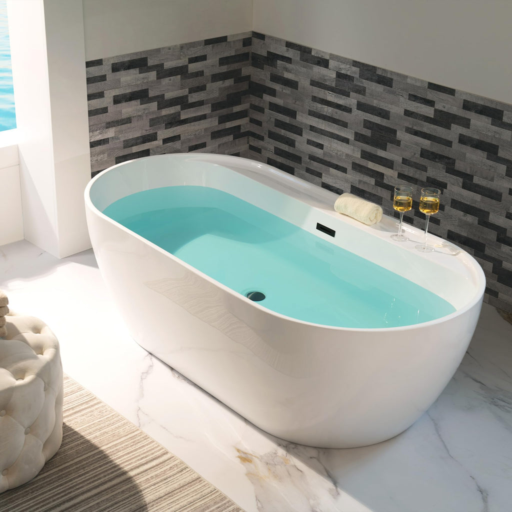 WOODBRIDGE 72" Acrylic Freestanding Bathtub Contemporary Soaking White Tub with Brushed Nickel Overflow and Drain,B0059BN