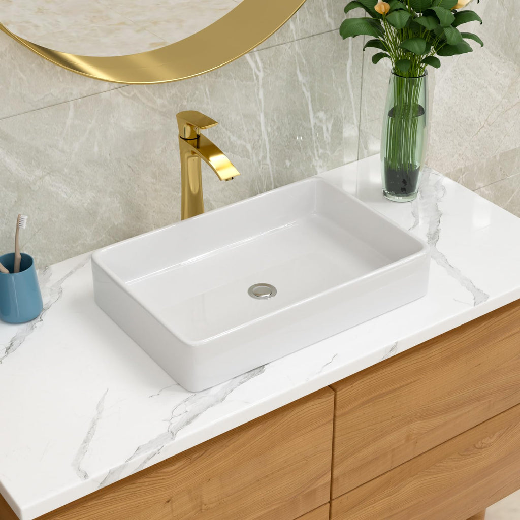 Bathroom Vessel Sink 19"x15" Rectangle Sink Above Counter White Porcelain Ceramic Modern Vanity Sink Art Basin with Faucet Hole