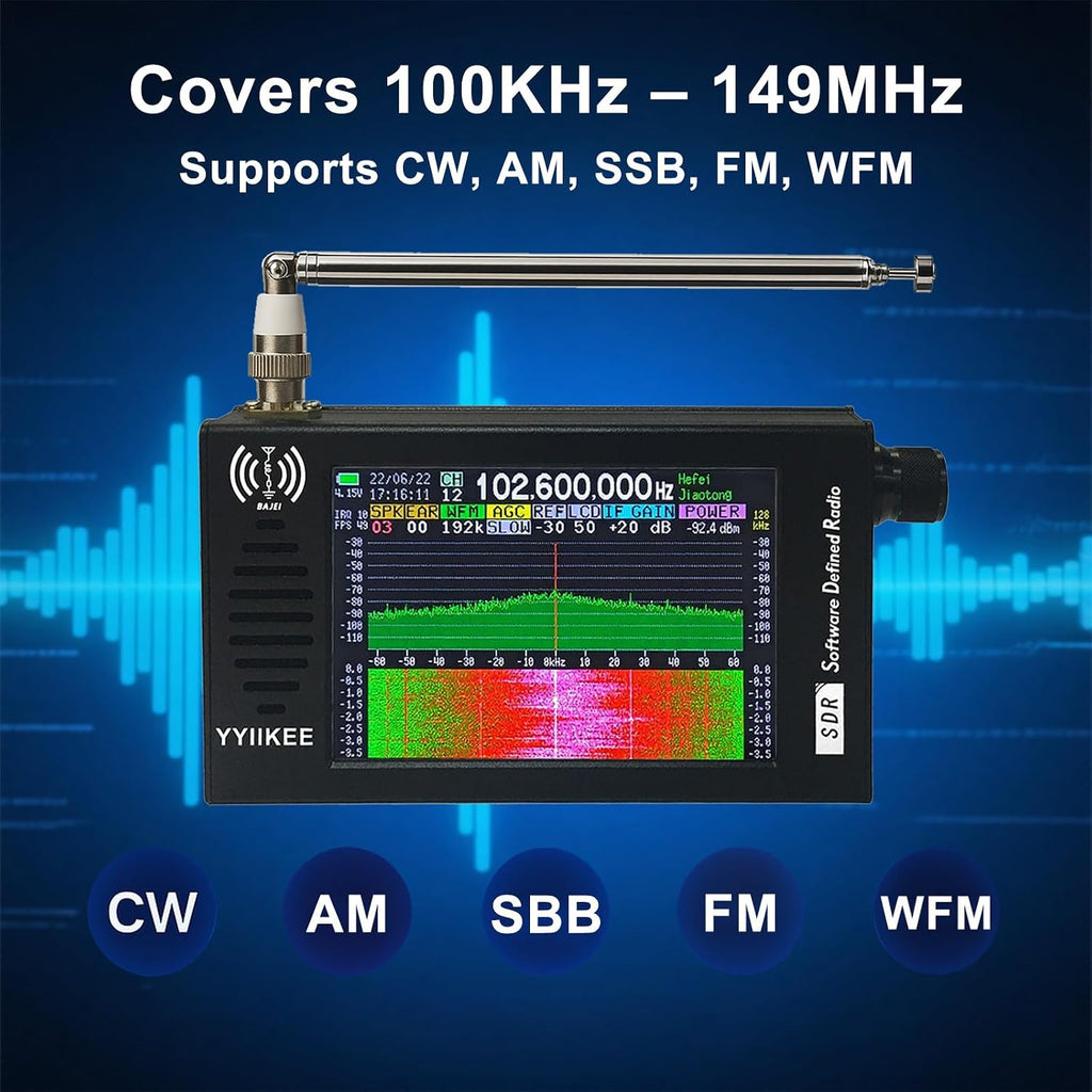 Portable SDR DSP Radio Receiver â 4.3â Touchscreen, 100KHz-149MHz, Full Band Shortwave, FM MW SSB CW HAM, 192kHz Spectrum, Waterfall Display, CNC Aluminum Alloy Case, Rechargeable Battery