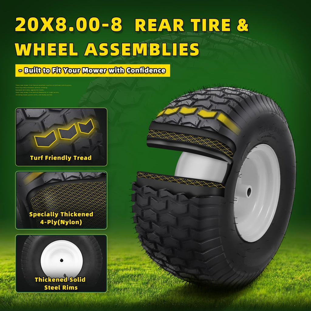 (2 Pack) 20x8.00-8 Tubeless Rear Riding Mowers Tire and Wheel Assemblies
