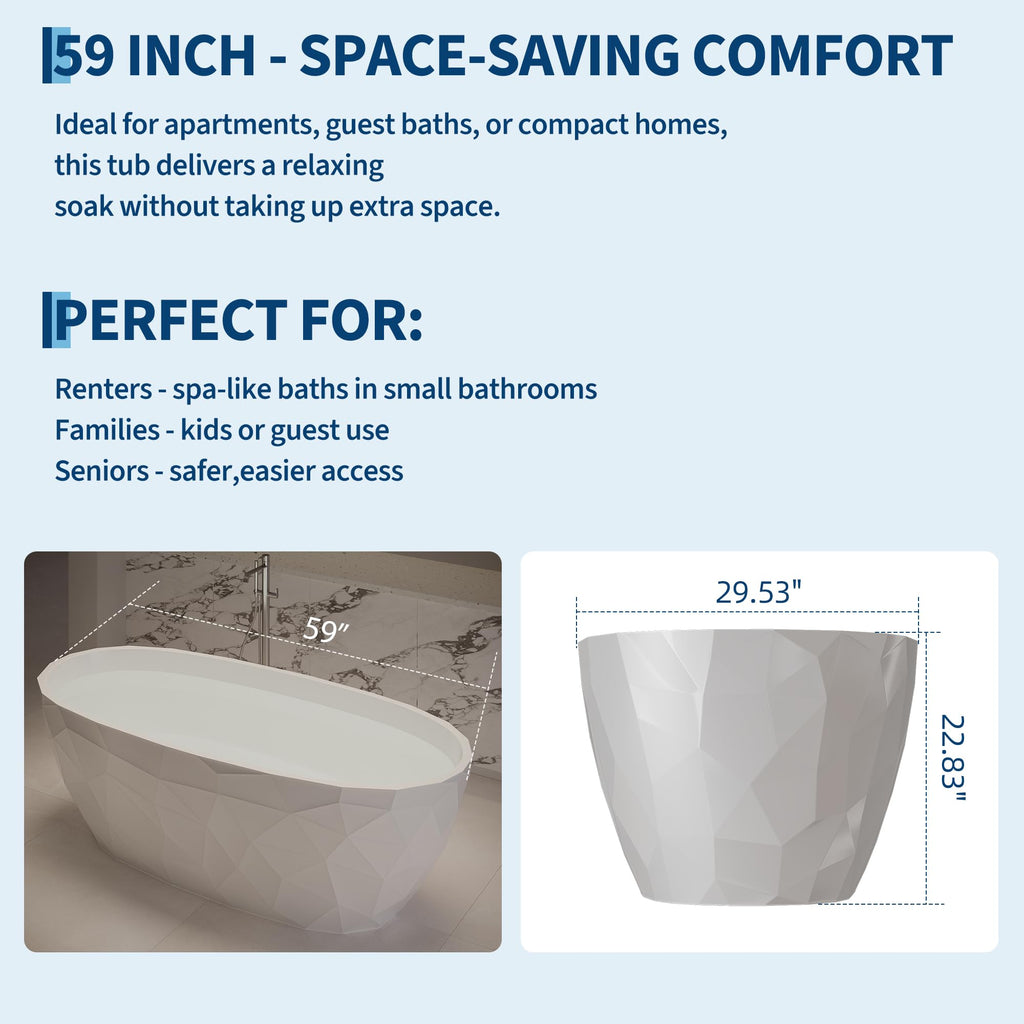 59 Inch Freestanding Bathtubs, White Acrylic Free Standing Bathtub, Modern Soaking Tub with Integrated Overflow & Chrome Drain for Bathroom Remodel