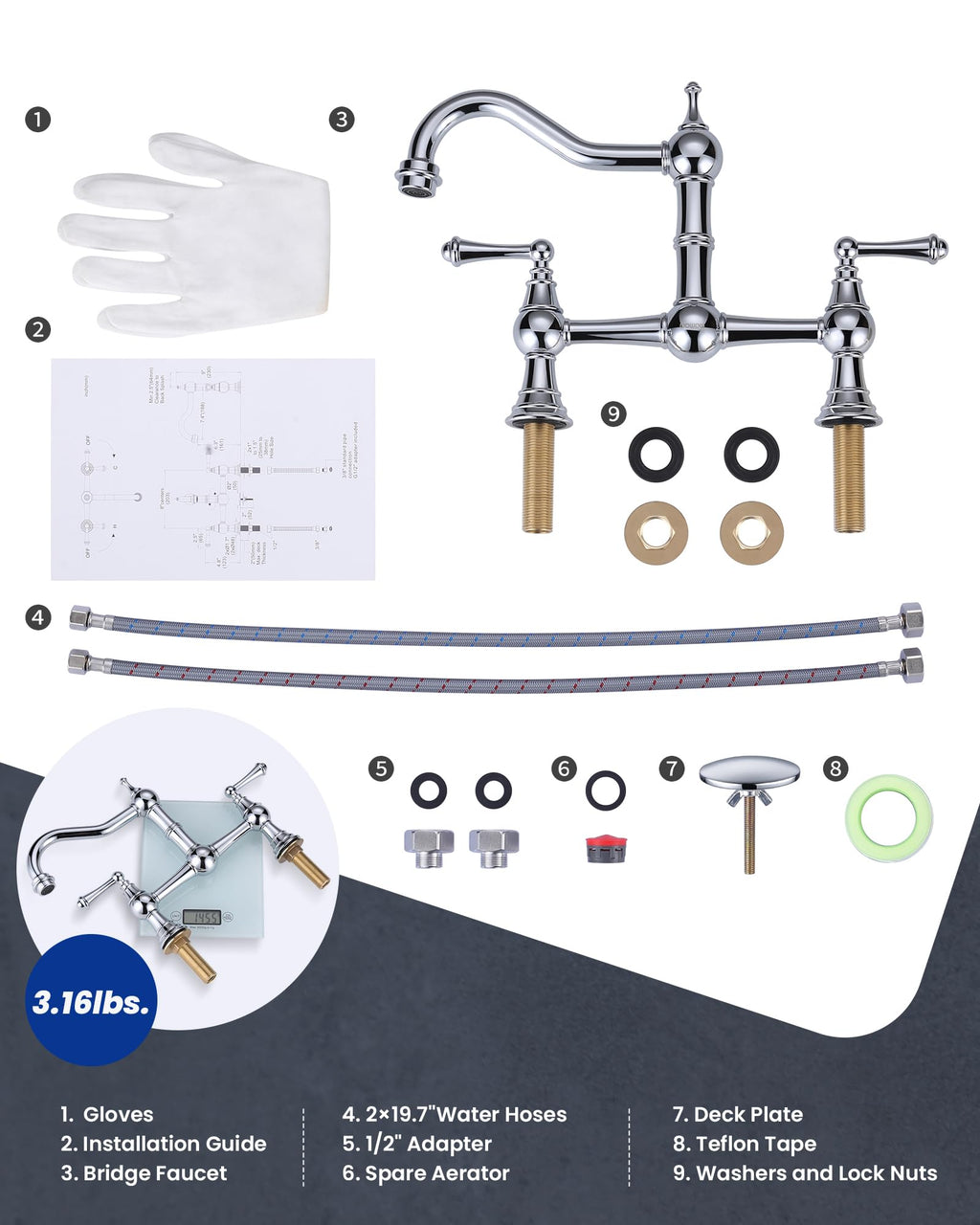 WOWOW Brass Bridge Kitchen Faucet 4 Hole with Side Sprayer, Brushed Gold