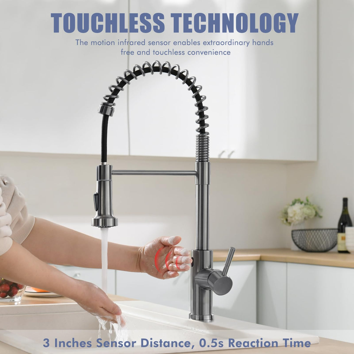 GIMILI Matte Black Touchless Kitchen Faucet with Spring Pull Down Sprayer