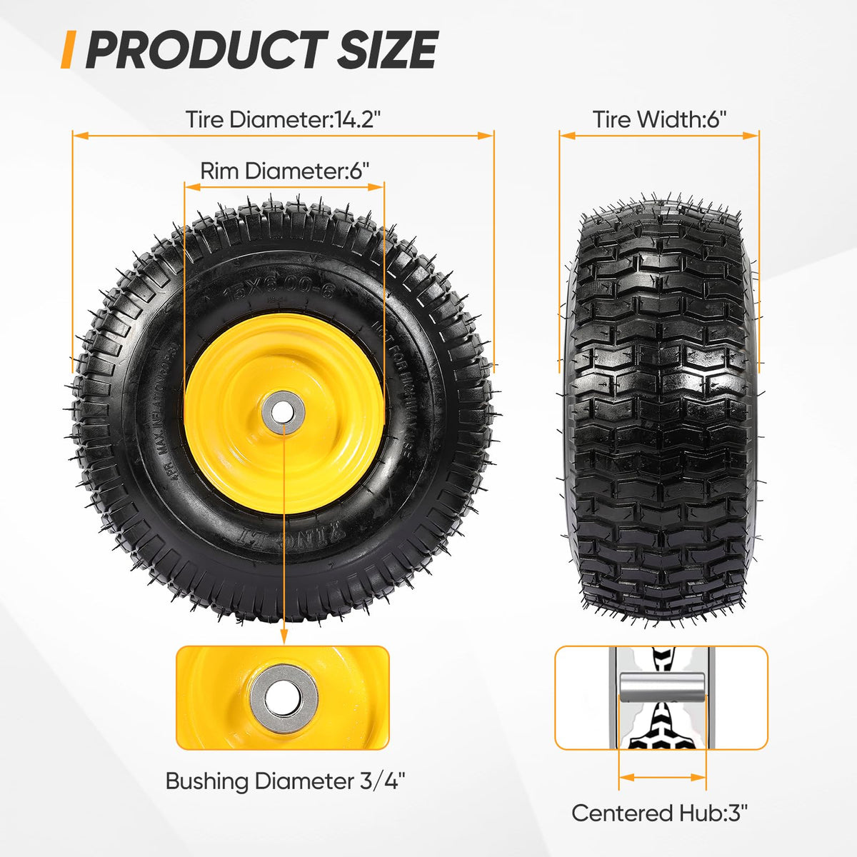15x6.00-6 Flat Free Lawn Mower Tire and Wheel, 15x6-6 Front Tire Assembly