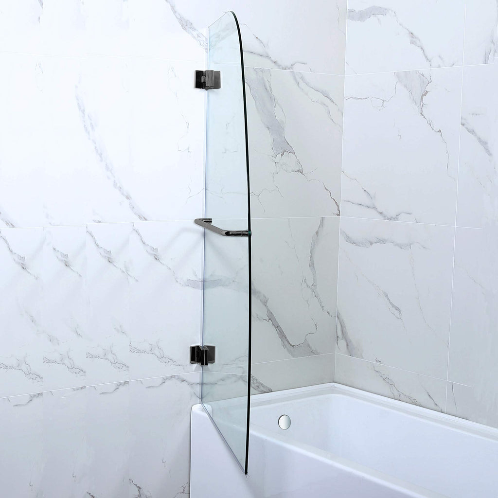 Woodbridge Frameless Hinged Bathtub Shower, 5/16" Tempered Panel, 48" W x 58" H Tub Glass Door in Matte Black Finish, Include Support Bar