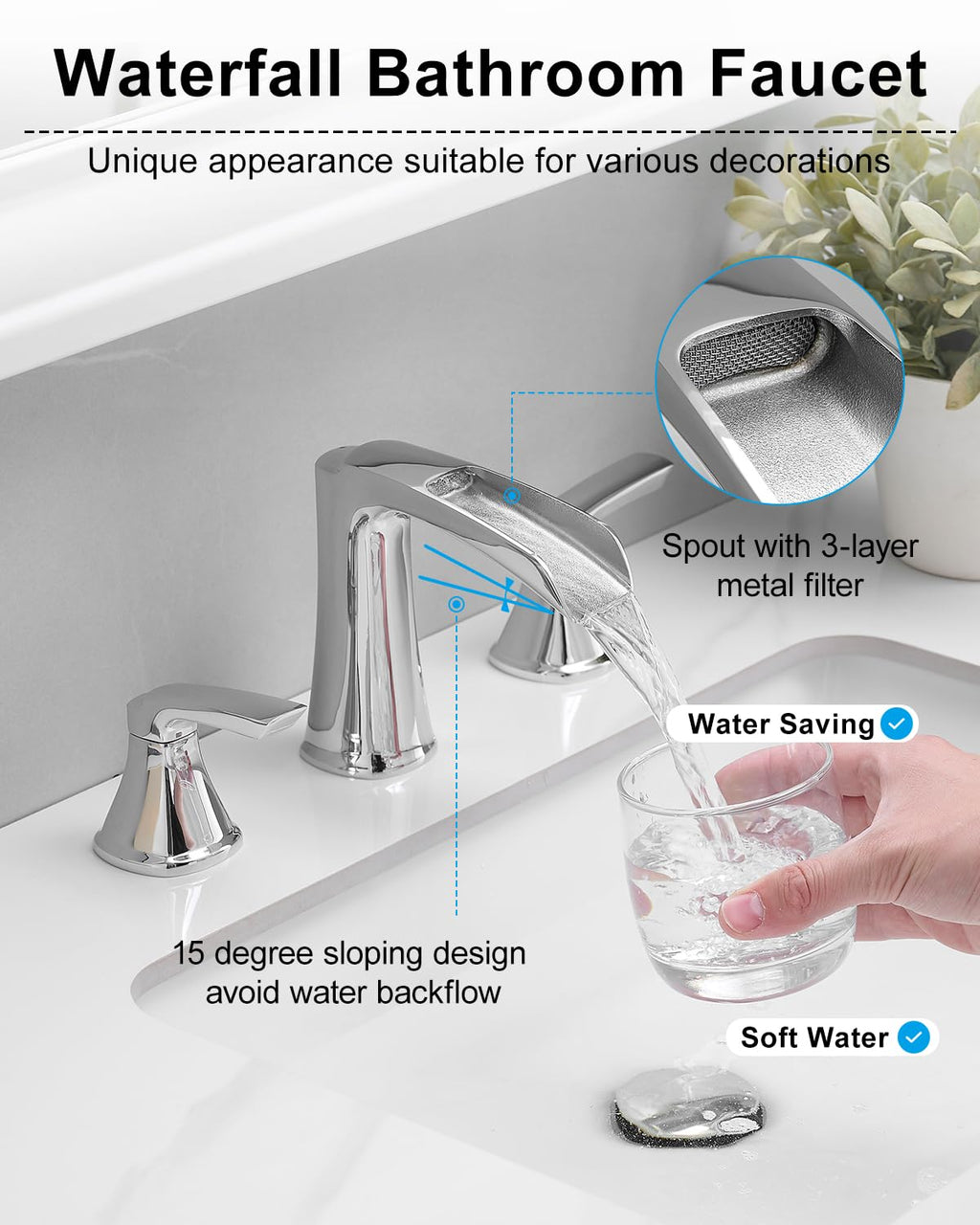 Fapully Brushed Nickel Bathroom Faucet 3 Hole, Waterfall 8 Inch Widespread Bathroom Sink Faucet with Pop-up Drain, Two-Handle Faucet for Bathroom Sink