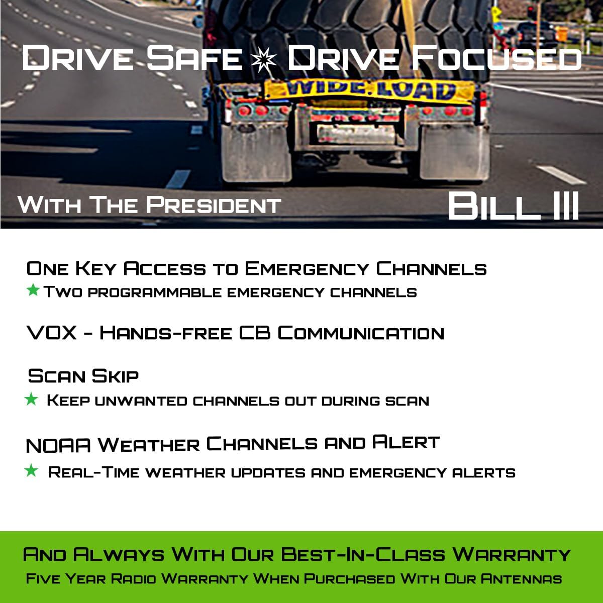 President Bill III (Bill 3) FCC AM/FM Ultra-Compact with P Channels, NRC, Weather Channel CB Radio. (TXUS201)