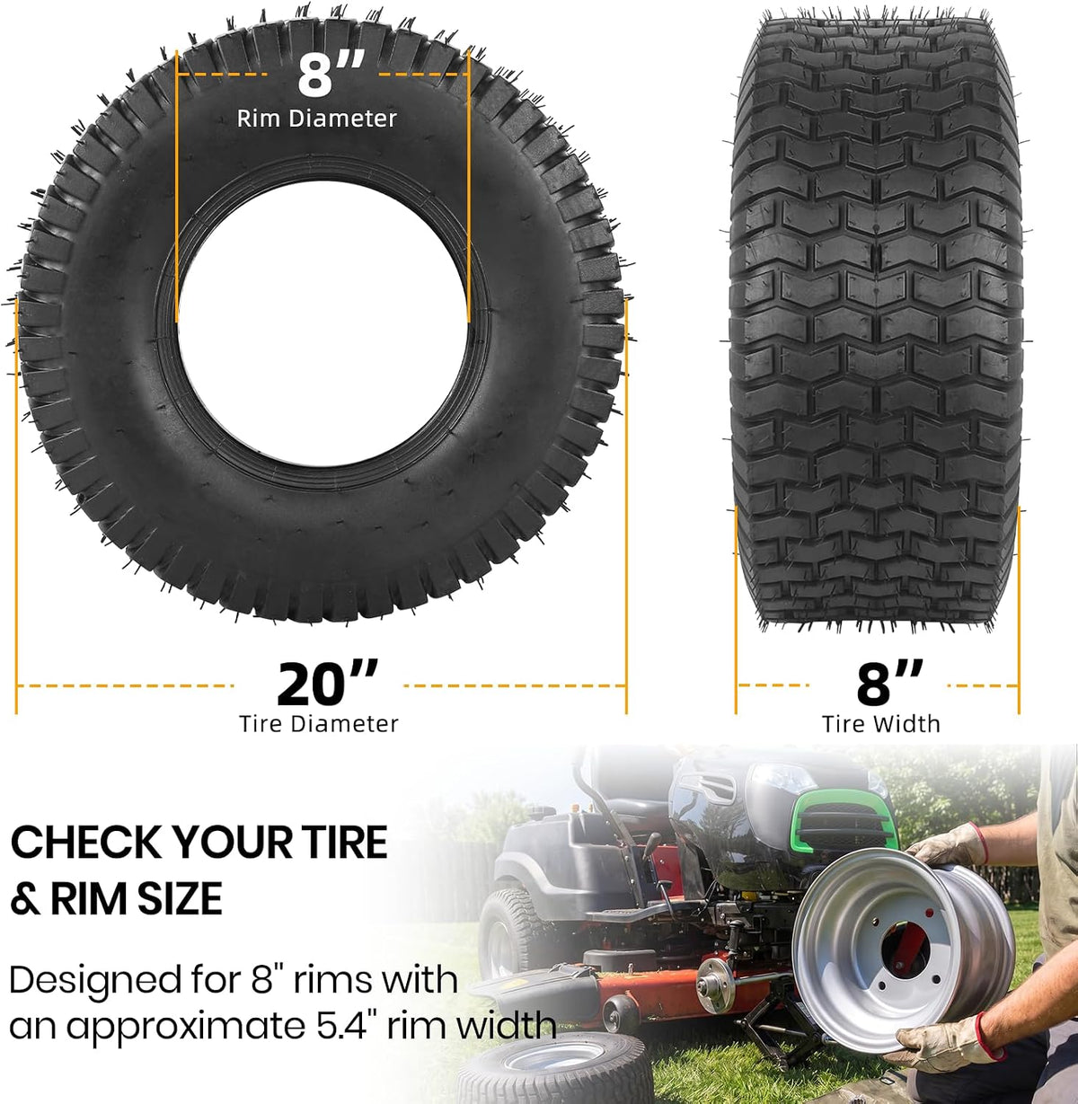 AR-PRO (2 Pack) 20x8.00-8 Lawn Mower Turf Tires, Tubeless, No Rims
