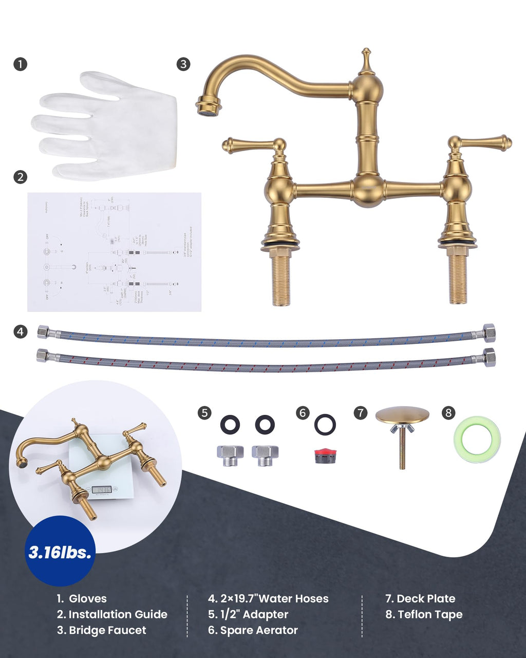 WOWOW Brass Bridge Kitchen Faucet 4 Hole with Side Sprayer, Brushed Gold