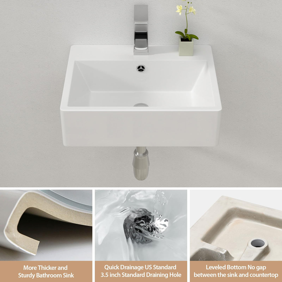 Bathroom Vessel Sink 19"x15" Rectangle Sink Above Counter White Porcelain Ceramic Modern Vanity Sink Art Basin with Faucet Hole