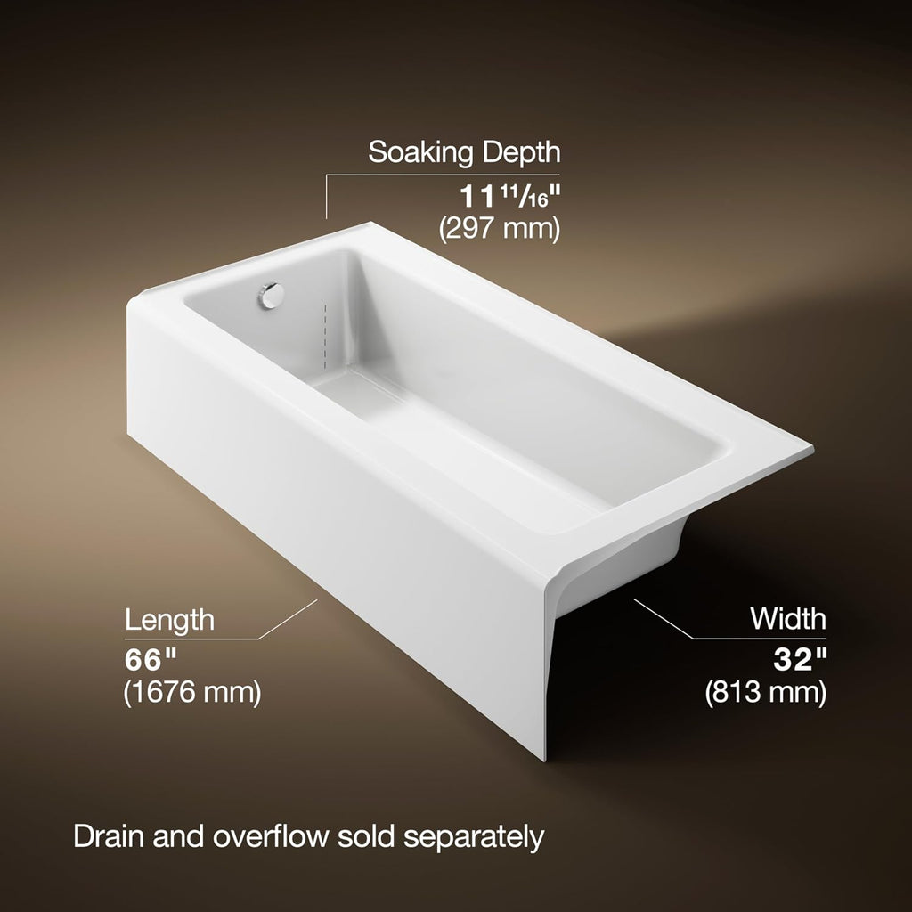 KOHLER K-847-0 Bellwether 66-Inch x 32-Inch Alcove Bath with Integral Apron and left hand drain, White