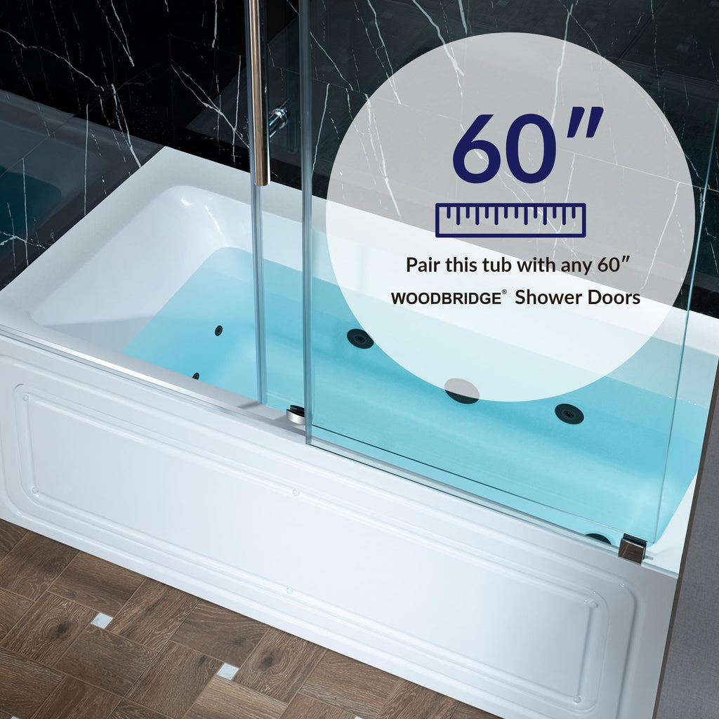 WOODBRIDGE 60" x 32" Alcove Acrylic Rectangular Whirlpool Heated Jetted Tub in White with Left Drain, Matte Black Finish, BS429-L-MB02