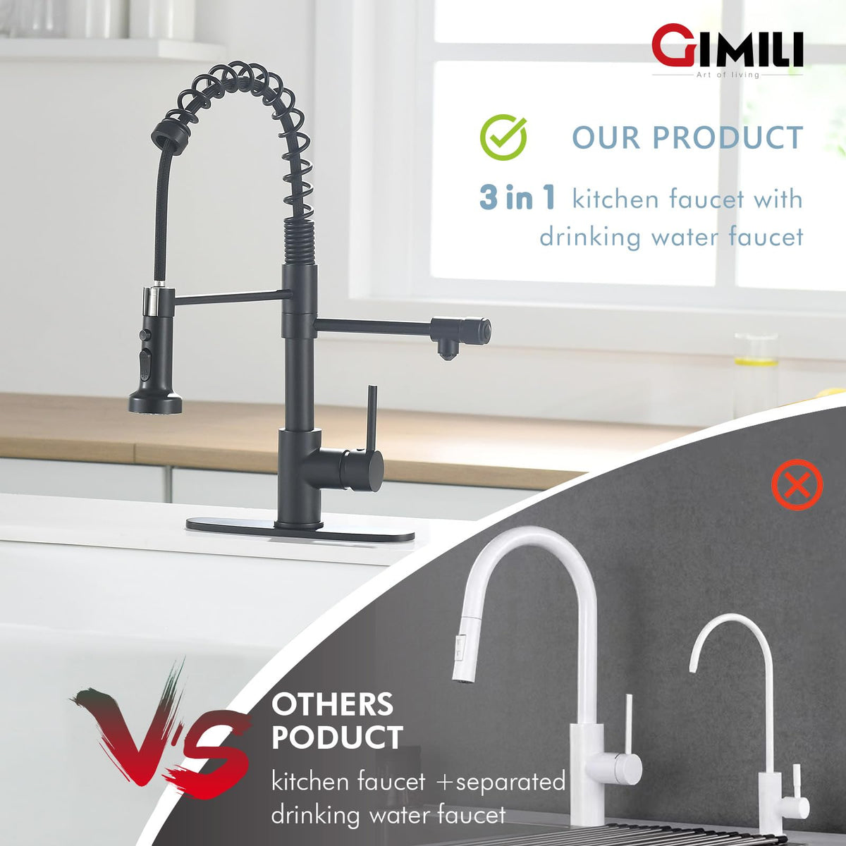 GIMILI Filter Kitchen Faucet Drinking Water Faucet 3 in 1 Brushed Nickel