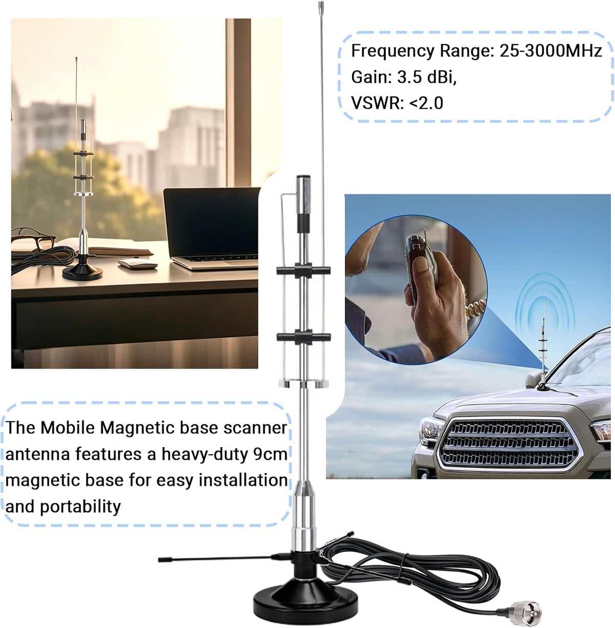 Outdoor Indoor Police Scanner Antenna, 25-3000mhz, VHF/UHF GMRS Desktop Scanner Antenna for House with 16.4ft Cable BNC/SMA/SO239/ VHF UHF Ground Plane, for SDR/ADSB Flightaware