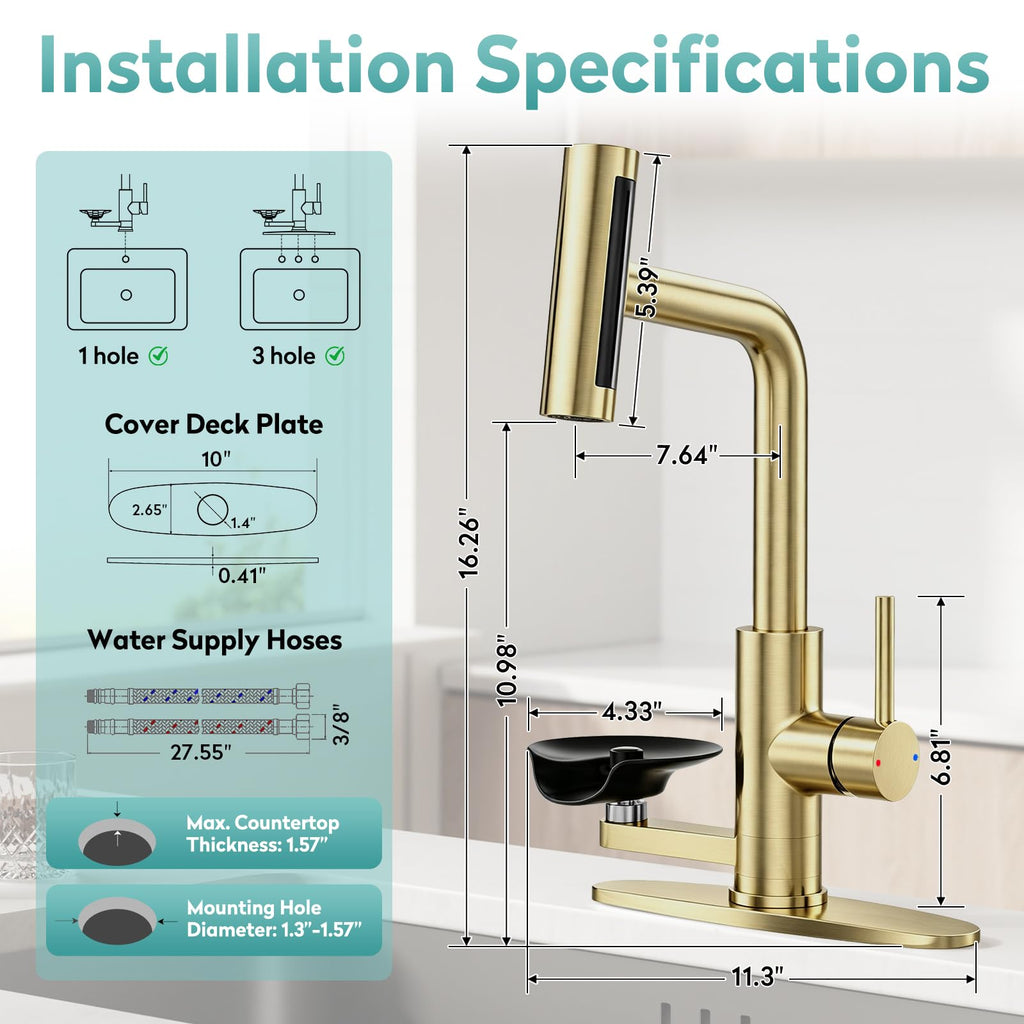 MIAOHUI Brushed Gold Kitchen Faucet with Glass Rinser, 4 Modes