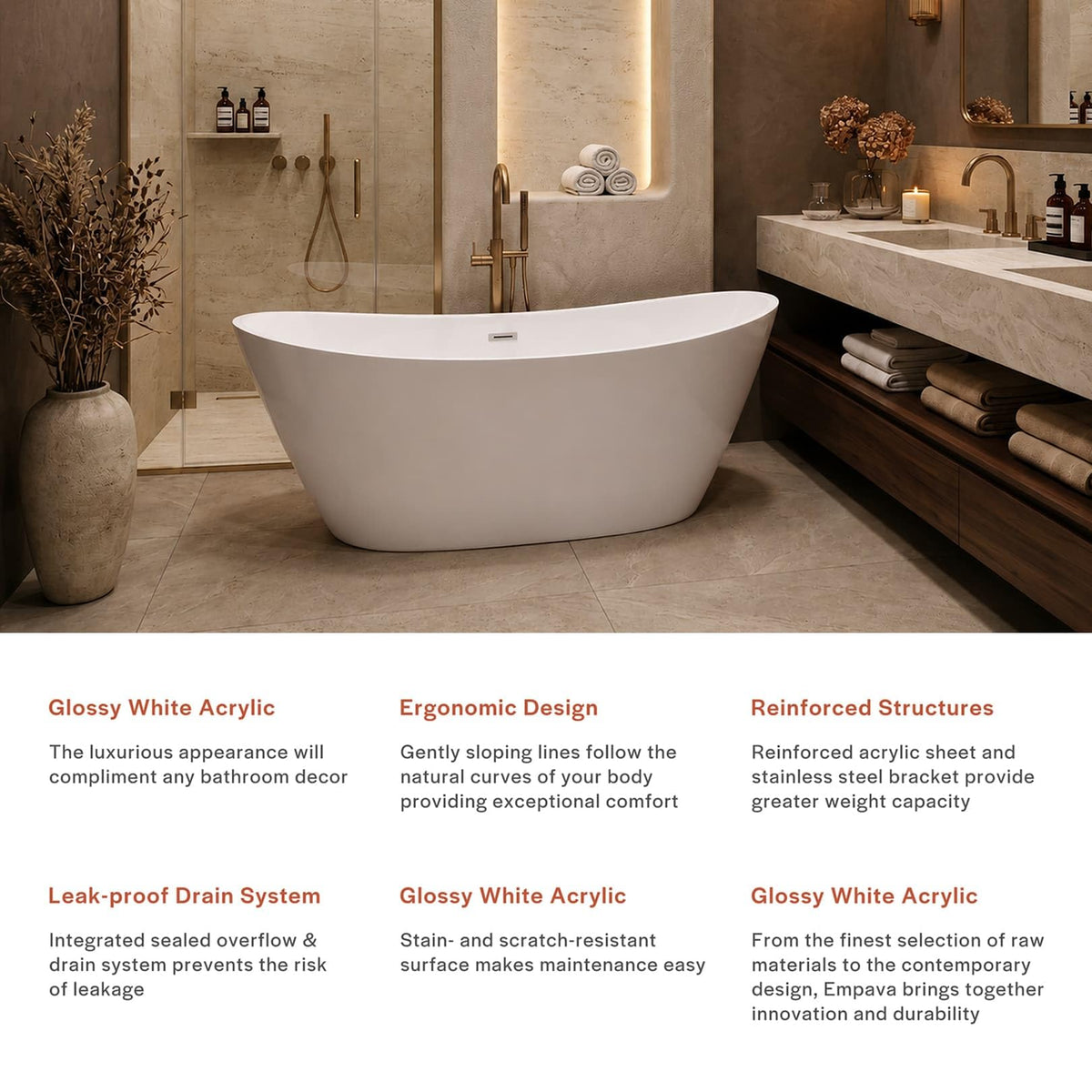 Empava 59 Inch Freestanding Bathtub, Acrylic Deep Soaking Tub, White