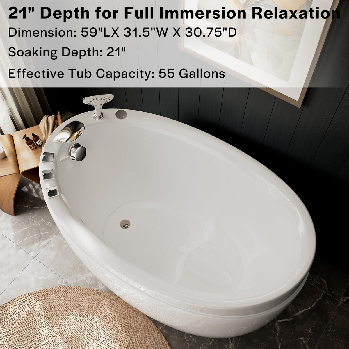 Empava 59 Inch Freestanding Bathtub - Modern Stand Alone Soaking Tubs