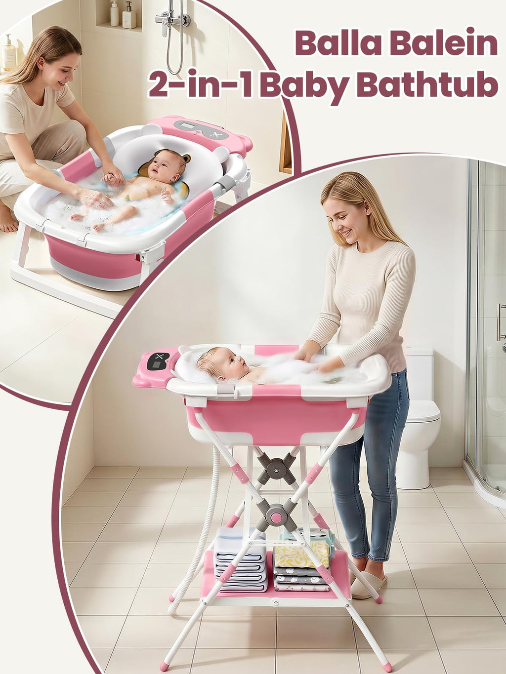 Baby Bathtub with Stand, Foldable Metal Standing Baby Bath Tub, 3-in-1 Anti-Slip Collapsible Tub with Cushion Storage Pad, Elevated Design for Newborn Toddler, Gray