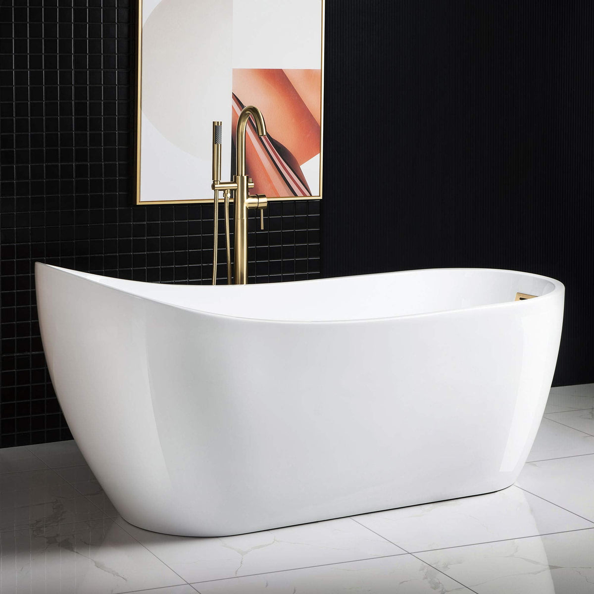 WOODBRIDGE 54"Freestanding White Acylic Soaking Bathtub with Brushed Nickel Drain and Overflow,BTA1507 -B/N-Drain &O