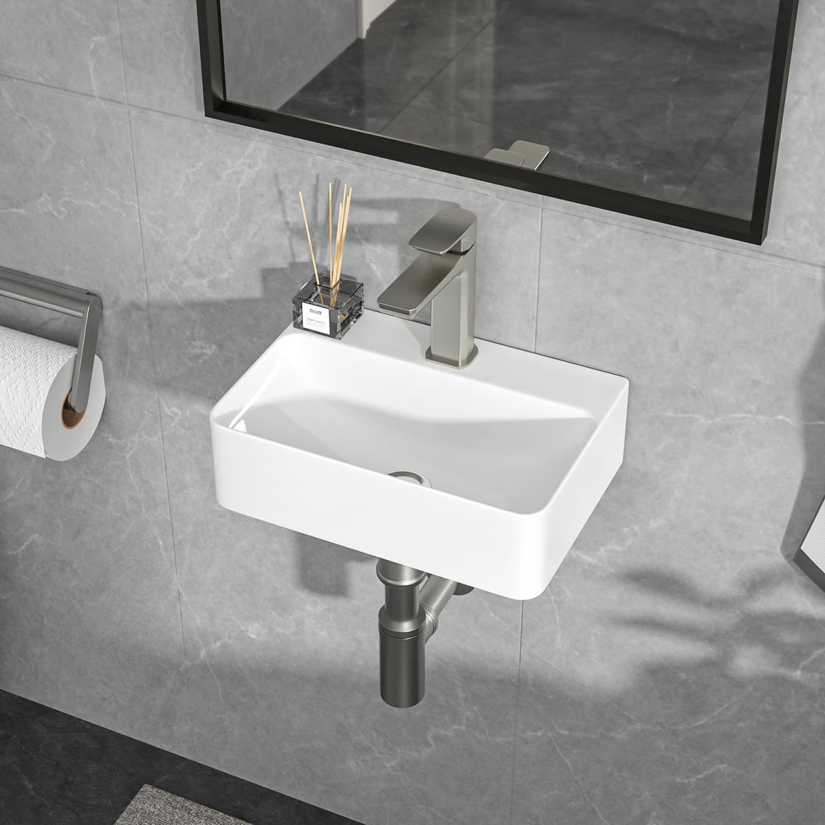 Lordear Wall Mount Bathroom Sink 21x12 Inch White Rectangle Sink with Overflow Porcelain Ceramic Floating Bathroom Vessel Sinks, Wall Hung Wash Hand Basin