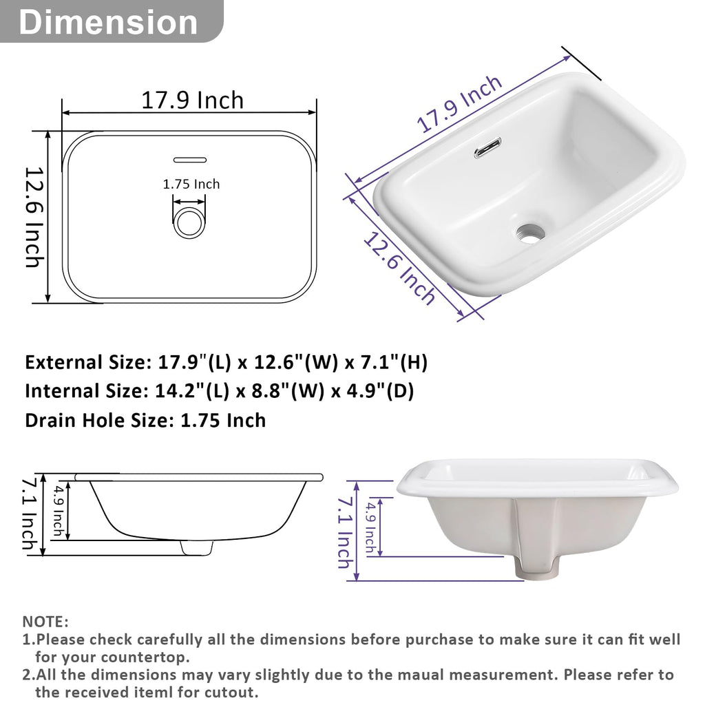 19 Inch Drop In Bathroom Vessel Sink with Overflow Rectangle White