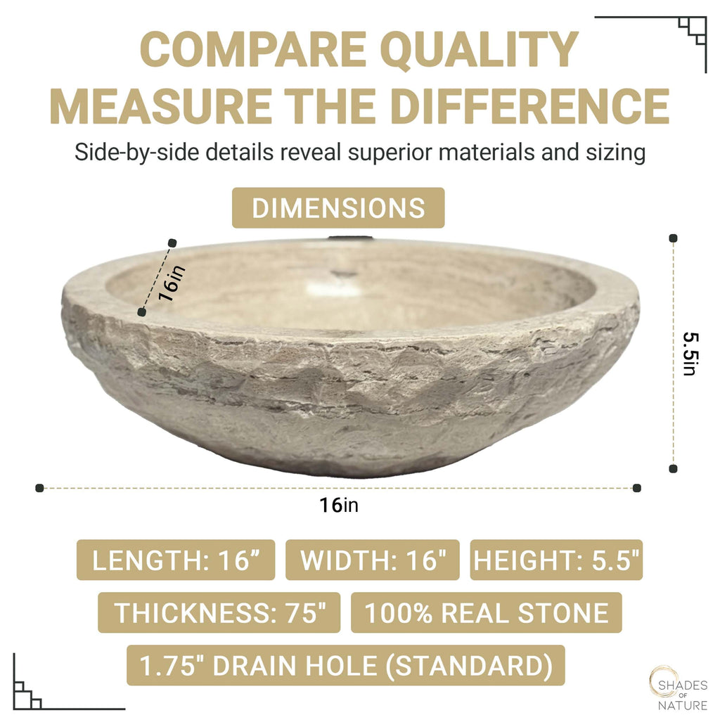Oval Travertine Vessel Sink â Natural Stone Wash Basin, Hand-Carved Bathroom Sink with Chiseled Exterior & Polished Interior, Above Counter Vanity Basin (Includes Matching Soap Tray)