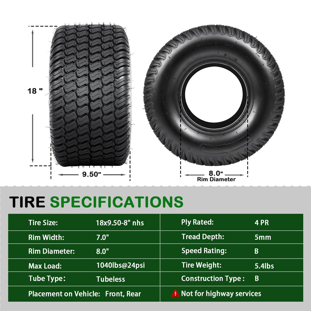 TRIPOWER 24x9.50-12 Lawn Mower Tire, 1 Pack Single Replacement Tire, 4PR Tubeless Turf Tire for Riding Mowers and Garden Tractors, Tire Only, Rim Not Included