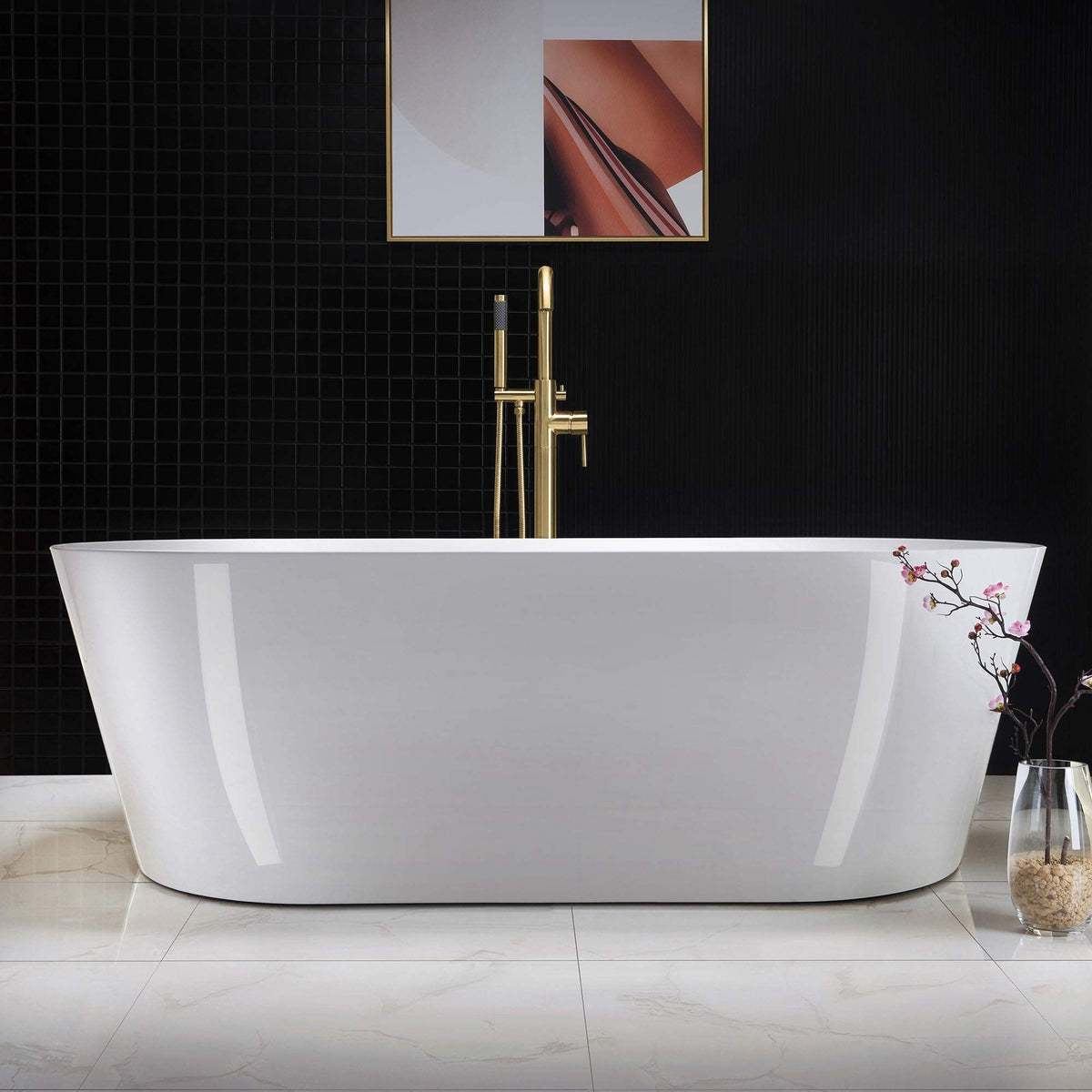 WOODBRIDGE 54" Acrylic Freestanding Bathtub Contemporary Soaking White Tub with Matte Black Overflow and Drain,BTA1702-MB
