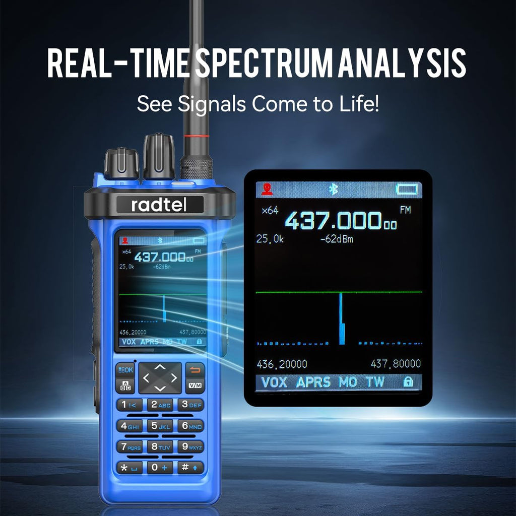 Radtel RT-950 PRO Ham Radio GPS/APRS, 10W Walkie Talkie Long Range Handheld Two Way Radio, SW/MW/LW RX, Bluetooth APP Programming, NOAA, Spectrum Analyzer,Blue(with Programming Cable)