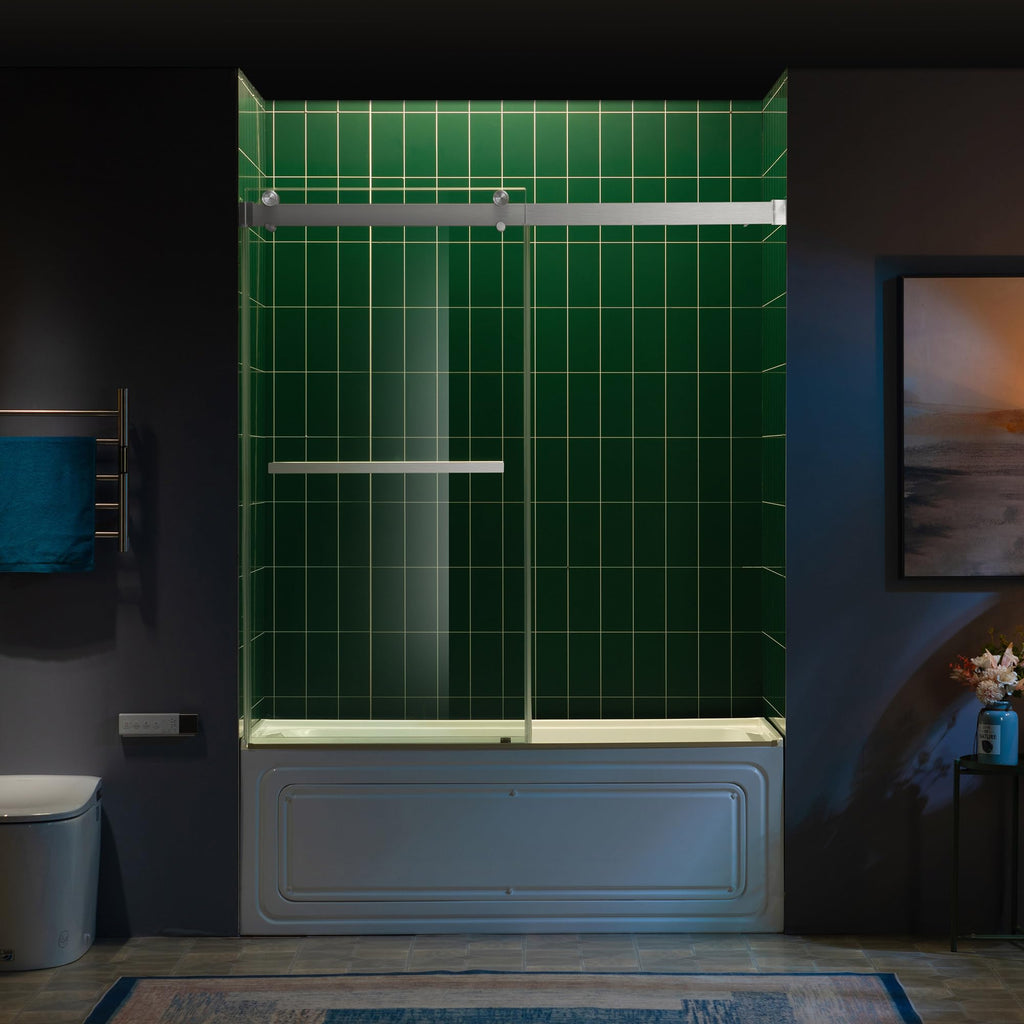Woodbridge 56-60" W x 62" H Frameless Bathtub Shower Door,Double Sliding Soft-Close Doors,3/8(10mm) Tempered Glass with Explosion Proof Film in Brushed Bronze Finish