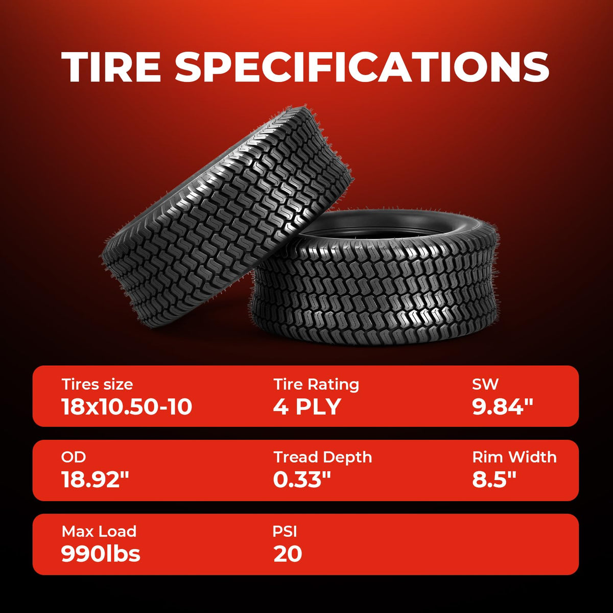 20x8.00-10 Lawn Mower Tires, 4 Ply Tubeless, Set of 2