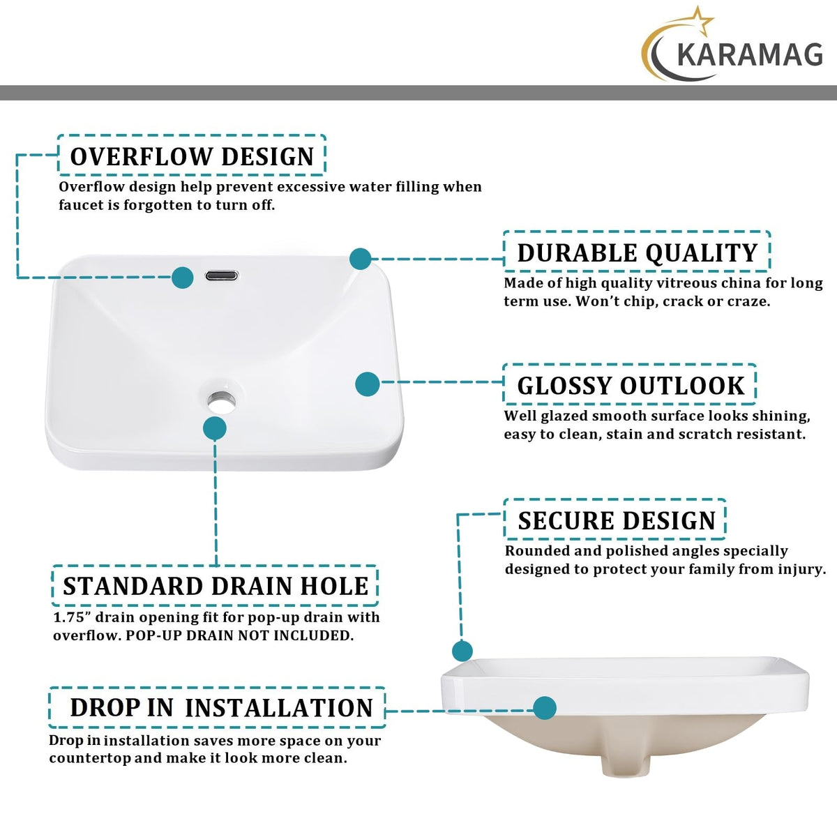 19 Inch Drop In Bathroom Vessel Sink with Overflow Rectangle White