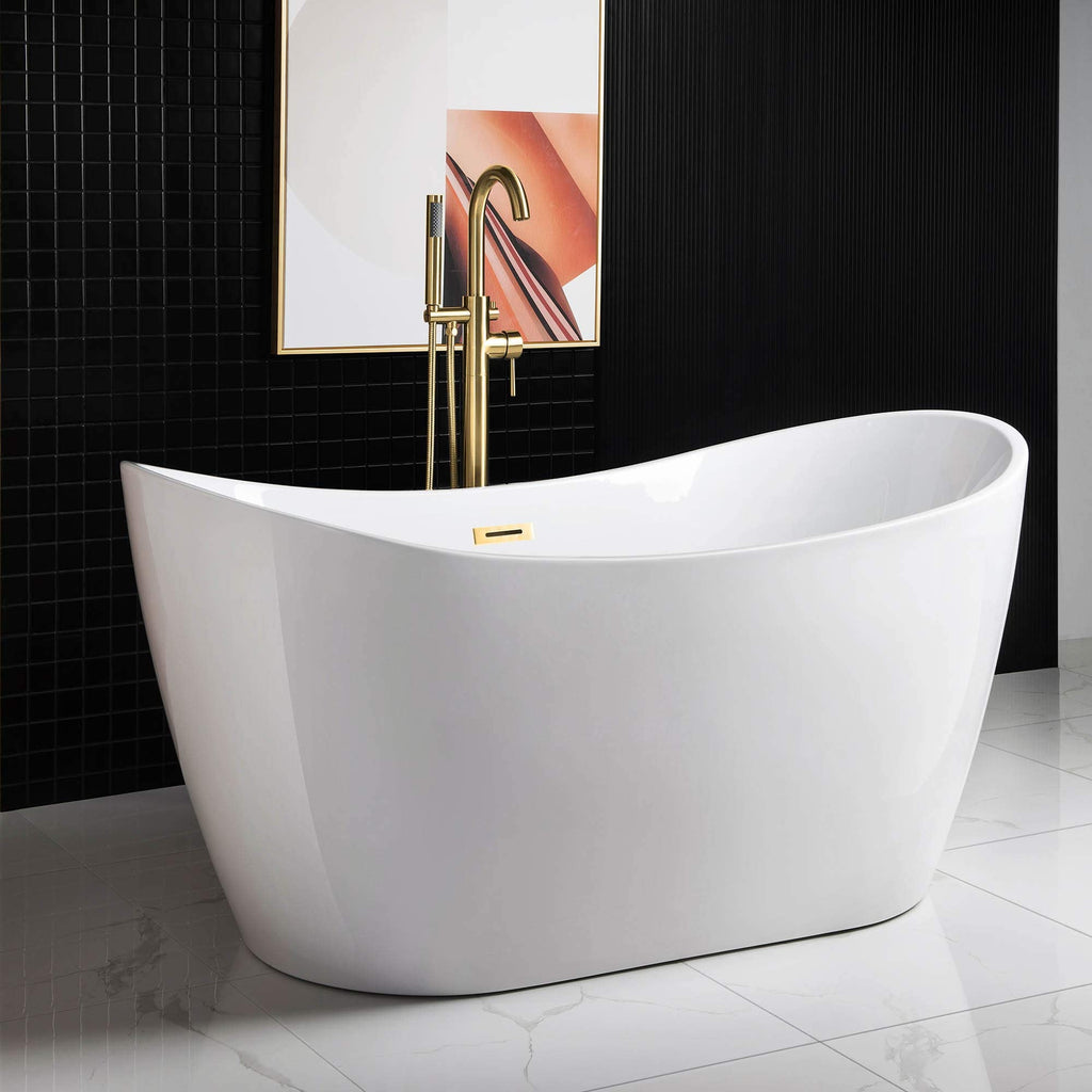 WOODBRIDGE 67" Acrylic Freestanding Bathtub Contemporary Soaking White Tub with Brushed Gold Overflow and Drain,B0010-BG