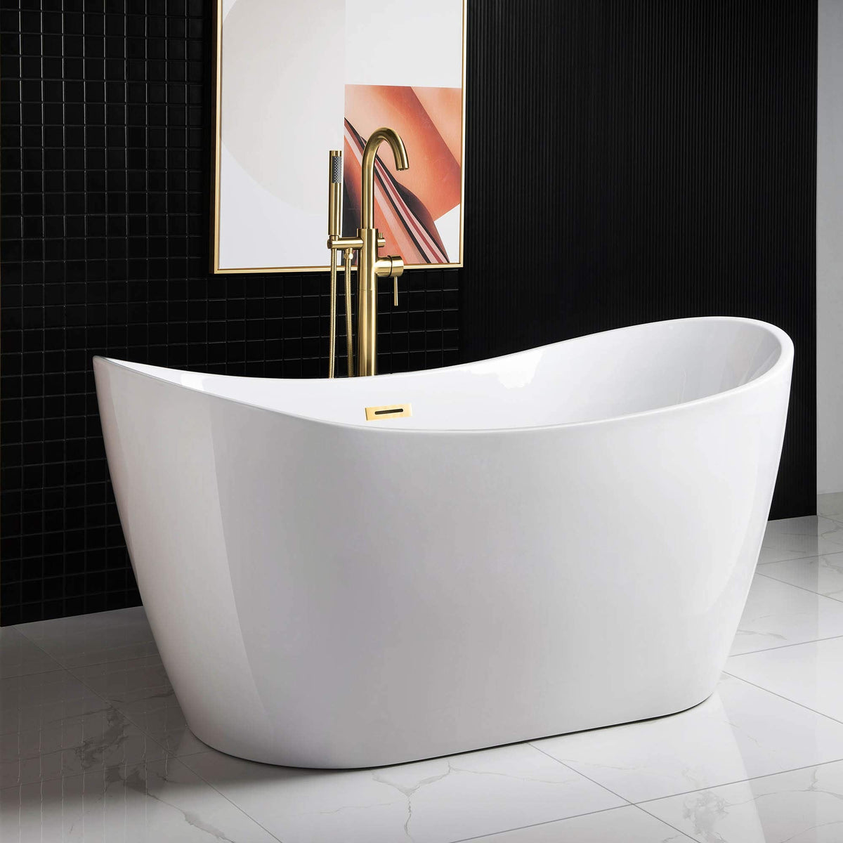 WOODBRIDGE 67" Acrylic Freestanding Bathtub Contemporary Soaking White Tub with Brushed Gold Overflow and Drain,B0010-BG