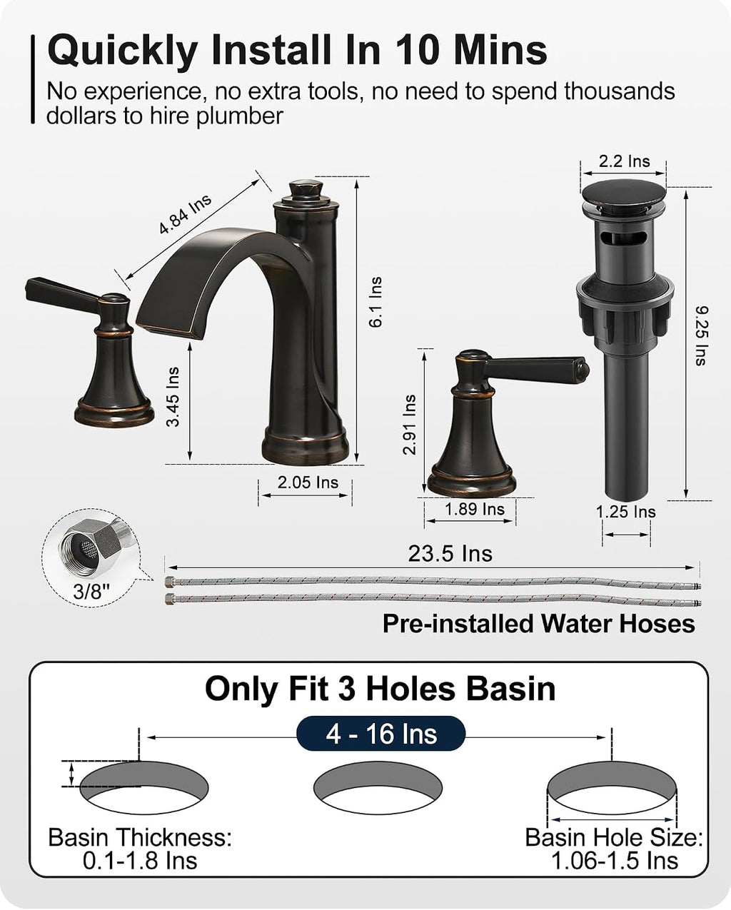 Waterfall Bathroom Faucet 3 Hole, 4-16 Inch Oil Rubbed Bronze Bathroom Faucet, Brass Bathroom Sink Faucet, 2 Handle Bathroom Faucets, Bathroom Vanity Faucet with Pop-Up Drain, Water Hoses