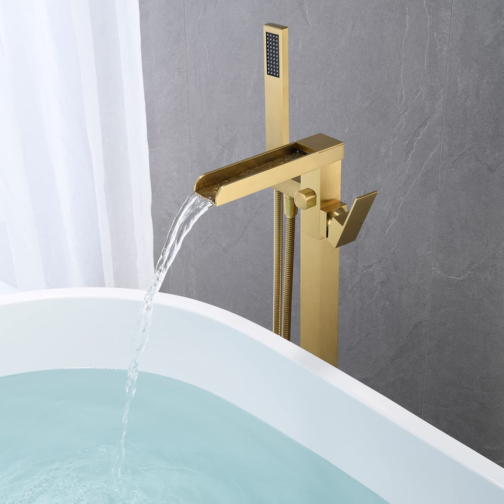 Wowkk Waterfall Tub Filler Freestanding Bathtub Faucet Black Floor Mount Brass Single Handle Bathroom Faucets with Hand Shower