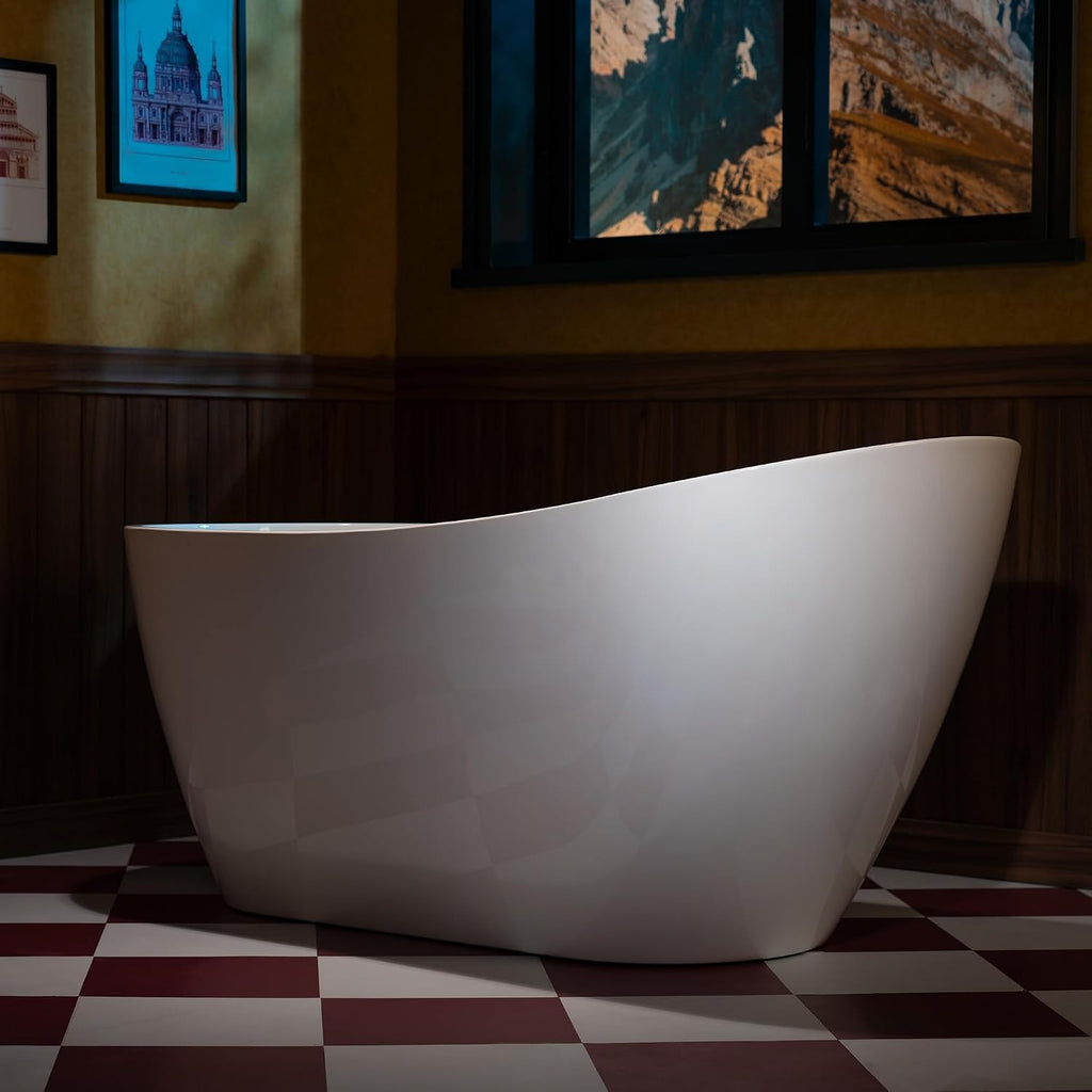 WOODBRIDGE 59" Acrylic Freestanding Bathtub Contemporary Soaking White Tub with Chrome Overflow and Drain,White