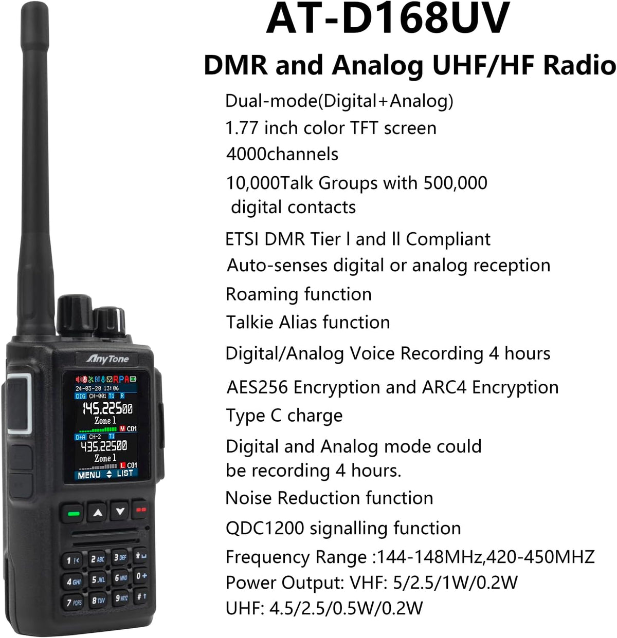 DMR Radio Handheld AT-D168UV Portable Ham Radio with VHF/UHF Dual Band, Long Range, APRS, Digital & Analog Mode, Rechargeable, Clear Audio, Easy Programming & Secure Encryption