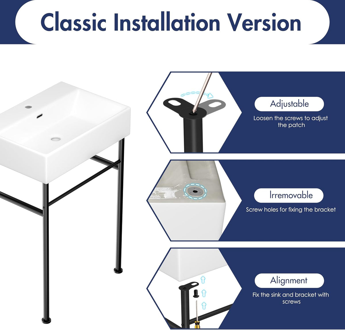 Eridanus 24"x16" Console Bathroom Sink, Free Standing 30 Inch Stainless Steel Support Pedestal Legs, Wall Mount White Vessel Ceramic Vanity Basin, Modern Rectangular Sinks Porcelain, Matte Black