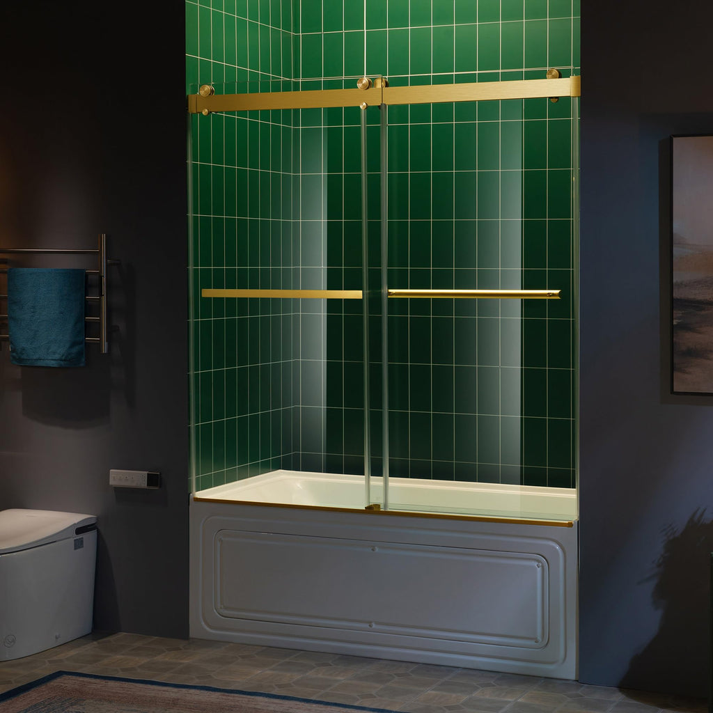 Woodbridge 56-60" W x 62" H Frameless Bathtub Shower Door,Double Sliding Soft-Close Doors,3/8(10mm) Tempered Glass with Explosion Proof Film in Brushed Bronze Finish