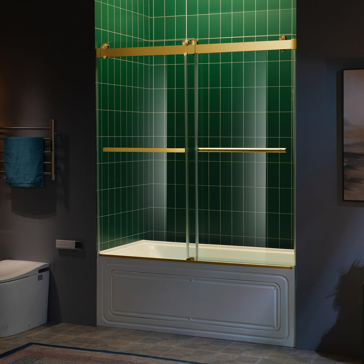 Woodbridge 56-60" W x 62" H Frameless Bathtub Shower Door,Double Sliding Soft-Close Doors,3/8(10mm) Tempered Glass with Explosion Proof Film in Brushed Bronze Finish
