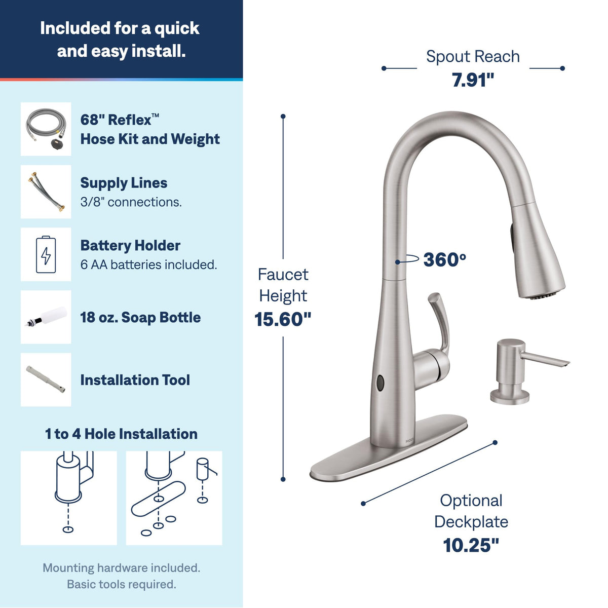 Moen Essie Spot Resist Stainless Pulldown Sprayer Kitchen Sink Faucet Set with Modern Pump Soap Dispenser, 87014SRS