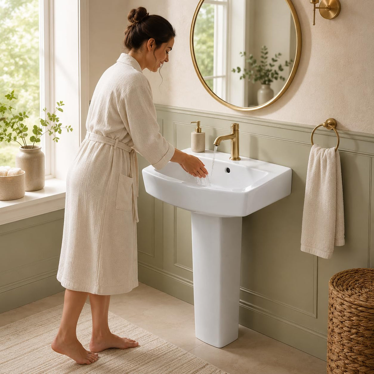 Garvee White Ceramic Pedestal Bathroom Sink, Single Hole Freestanding Basin