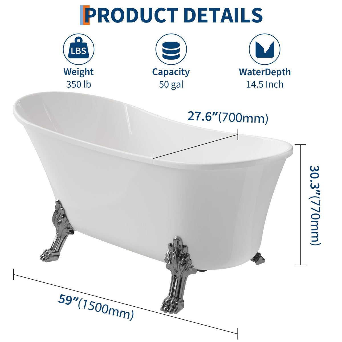 59 Inch Freestanding Bathtubs, White Acrylic Free Standing Bathtub, Modern Soaking Tub with Integrated Overflow & Chrome Drain for Bathroom Remodel
