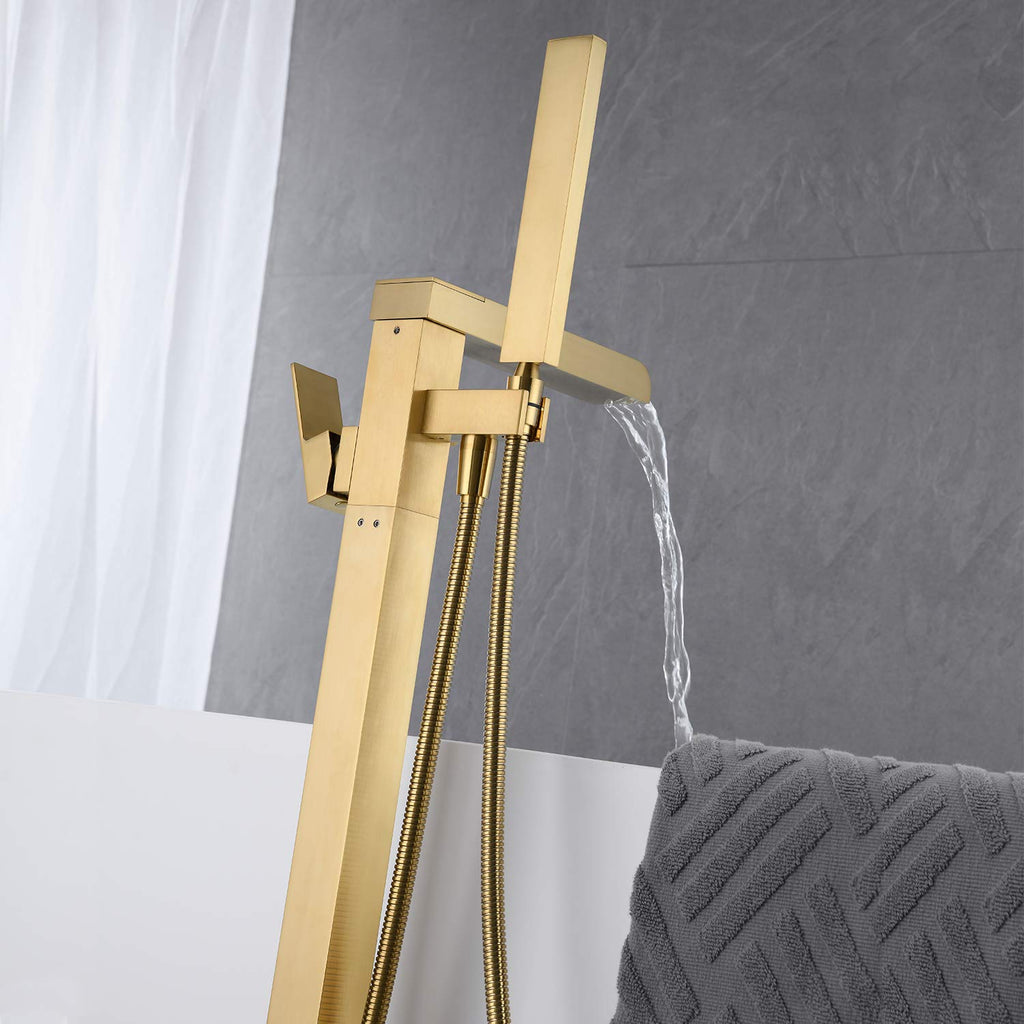 Wowkk Waterfall Tub Filler Freestanding Bathtub Faucet Black Floor Mount Brass Single Handle Bathroom Faucets with Hand Shower