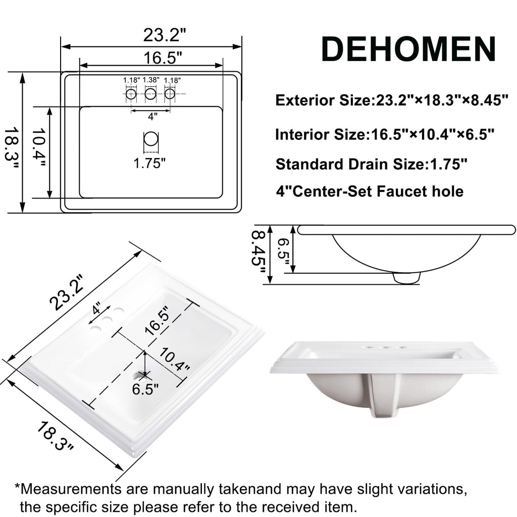 23" Drop-in Bathroom Sink with 8" Widespread 3 Hole Ceramic Basin