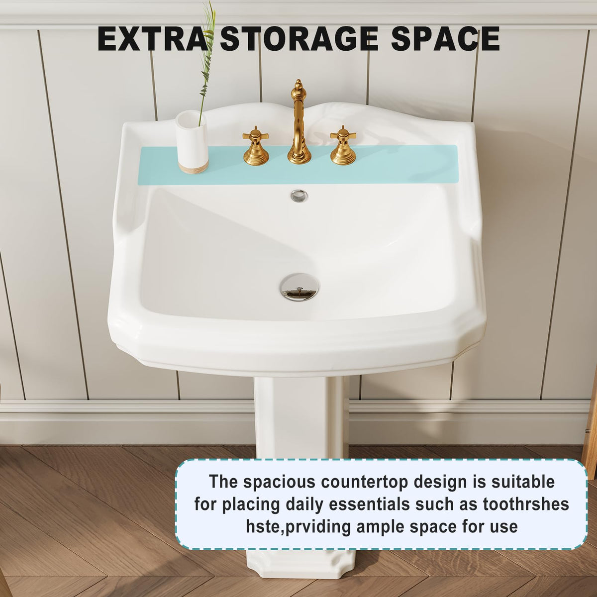 26" W X 20" D Bathroom Pedestal Sink, Rectangular White Ceramic Vanity Sink with Overflow and 3 Pre-Drilled Holes - Fits 8-Inch Faucets,Freestanding Restroom Sink Combo for Small Spaces