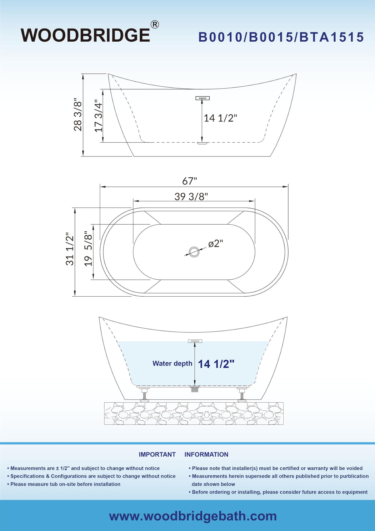 WOODBRIDGE 71" Acrylic Freestanding Bathtub Contemporary Soaking White Tub with Brushed Gold Overflow and Drain,B0017-BG