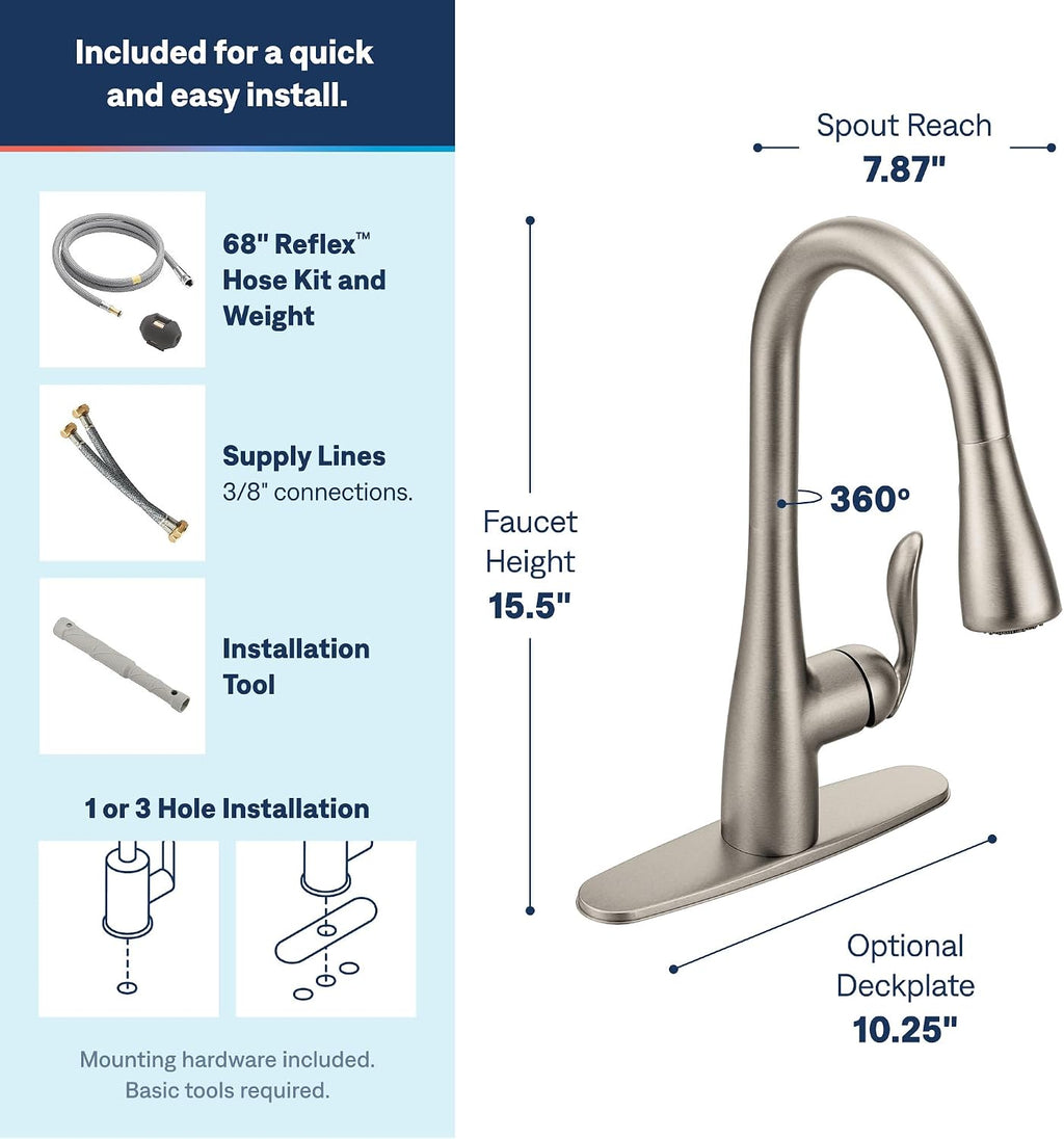 Moen Arbor Spot Resist Stainless One-Handle Pulldown Kitchen Faucet with Sprayer and a Reflex Docking System, Kitchen Sink Faucet Featuring Power Boost for a Faster Clean, 7594SRS