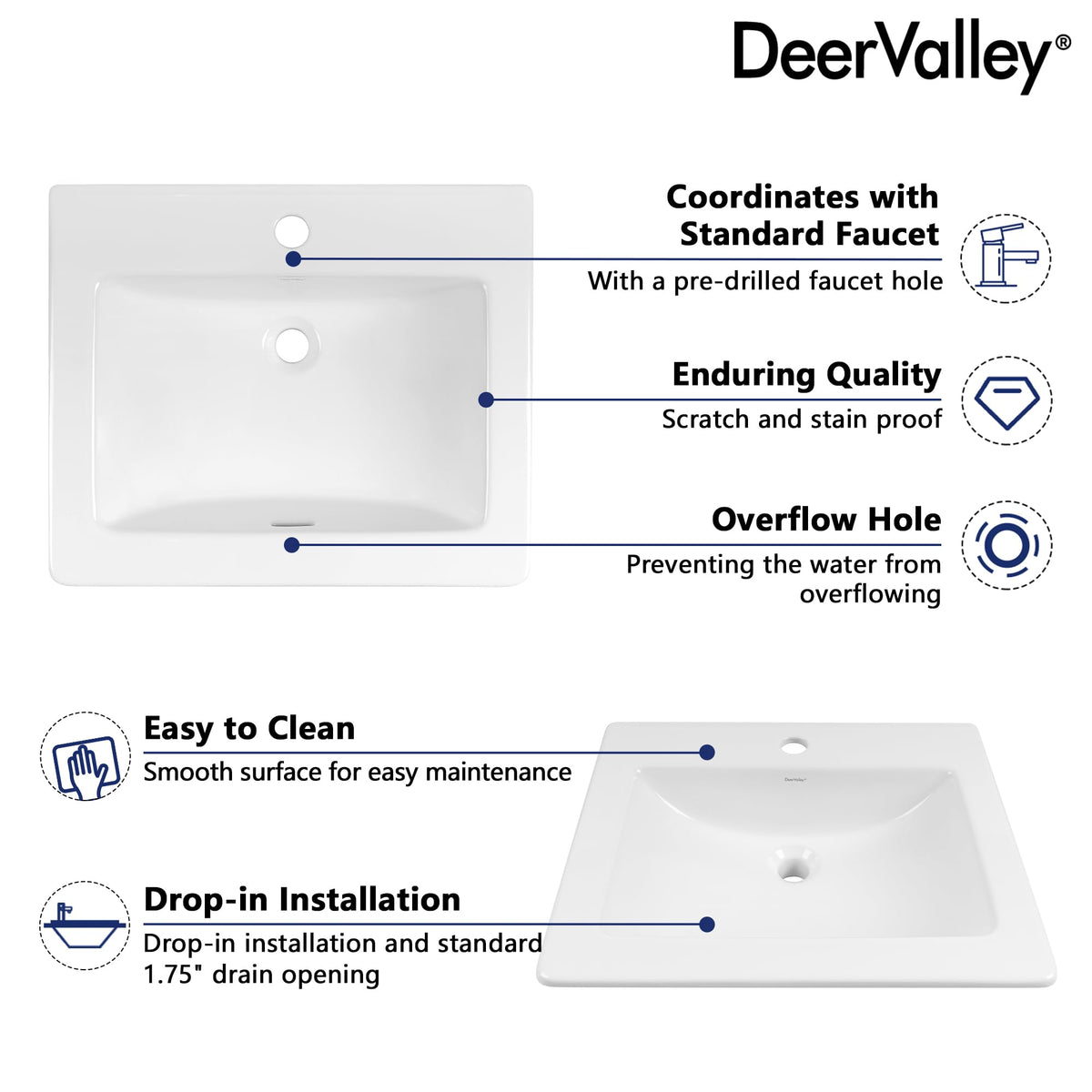 DeerValley Drop In Bathroom Sink White 21"x18" Rectangle Sleek 3-Hole Basin